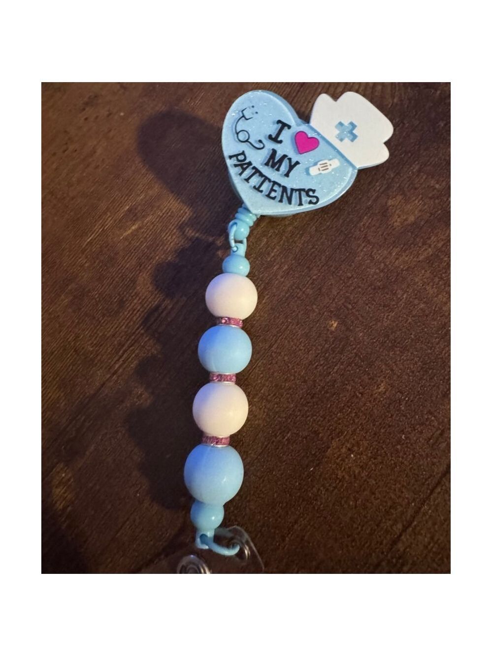 I love my patients, tag holder baby blue, and white nurses hat, brand new